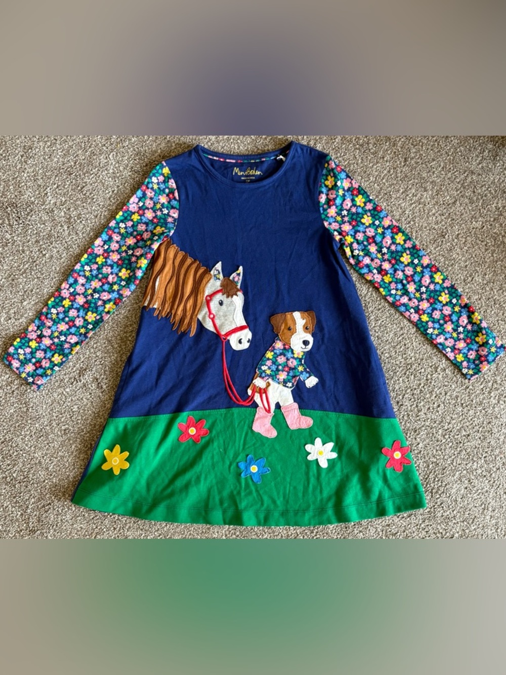 Mini Boden Navy Dress with Floral Sleeves and Horse & Dog Appliqués
